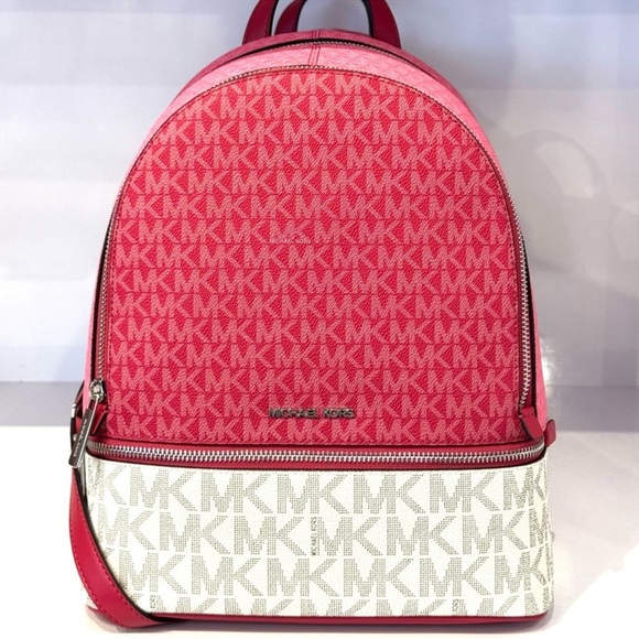 Michael Kors Rhea Medium Color-Block Signature Logo Backpack Dark Rasberry Multi - Picture 3 of 11